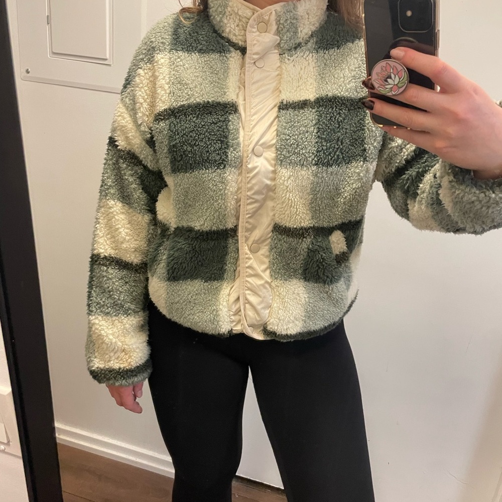 Thread & Supply Checkered Teddy Jacket - Green and Cream - L